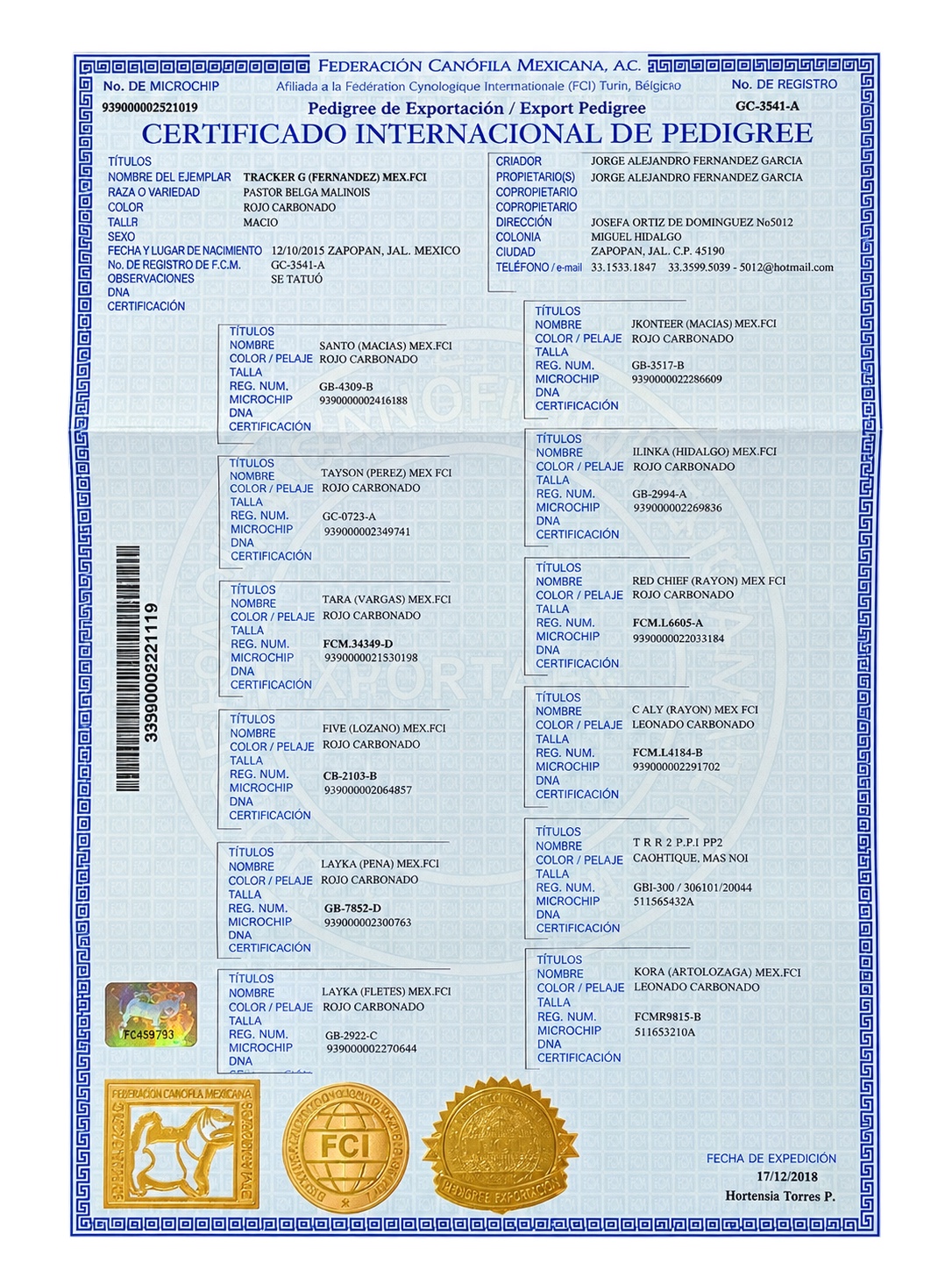 FCI international pedigree for Tracker